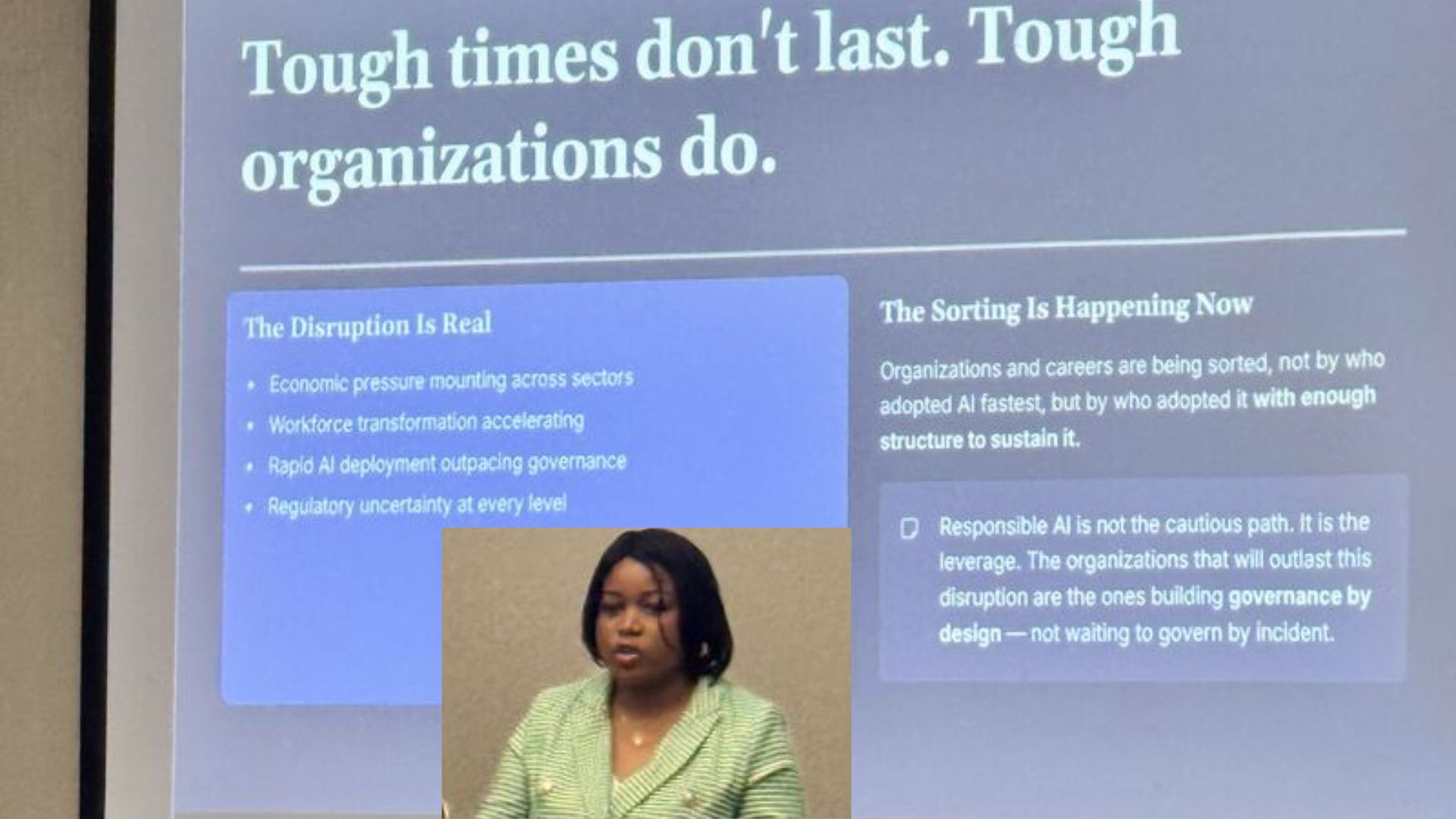 Dr. Gbemisola Adetayo presenting on responsible AI governance to an organization